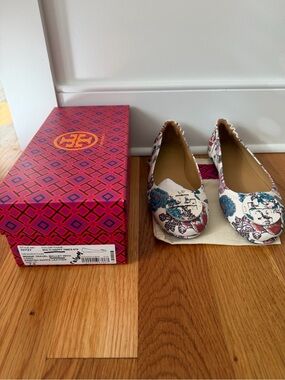 Tory Burch Printed Leather Ballet Flats in Cream Floral